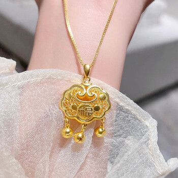 欧丽莎白古法黄金硬金长命锁包吊坠足金福字平安锁宝宝金锁儿童礼物送