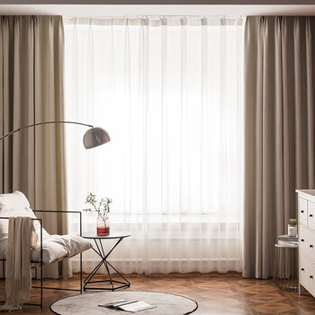 窗帘布成品现代客厅卧室纯色遮阳窗帘双面麻卡其色挂钩加工每米价格