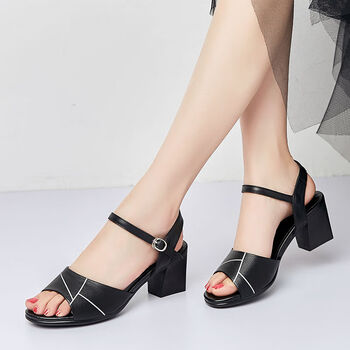 wizcounsel真牛皮鱼嘴凉鞋女一字式中跟粗跟妈妈皮凉鞋夏季韩版搭扣