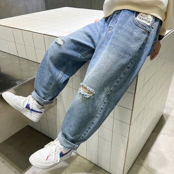 子午乾男童破洞牛仔裤春季新款大男孩韩版裤子初中生休闲百搭长裤潮蓝