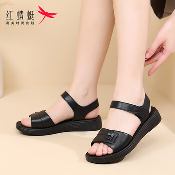 红蜻蜓红蜻蜓凉鞋女平底妈妈软皮软底中老年中跟沙滩鞋女 WTK233761