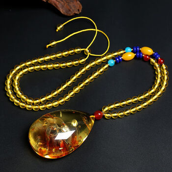 樱优花珀水滴吊坠天然波罗的海琥珀项链长款毛衣链2024新款感花珀吊坠