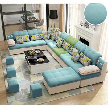 客厅整装u型家具布艺沙发组合大小户型可拆洗36米42米48米时尚蓝7件套