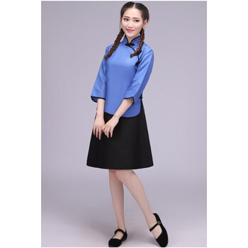 五四青年装民国风复古毕业班校服写真古装中山装工装蓝色上衣短裙xxxl