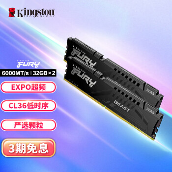 金士顿 (Kingston) FURY 64GB(32G×2)套装 DDR5 6000 台式机内存条 Beast野兽系列 支持AMD EXPO超频