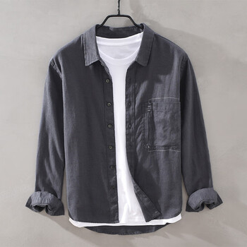 衬衫男长袖亚麻宽松舒适上衣简约百搭纯色衬衣男春秋季时尚潮流男装