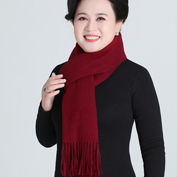 billsurf秋冬季纯色围巾女妈妈百搭围脖中老年人奶奶老太太红色加厚