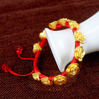 黄金珠宝饰品转运珠3d硬金玫瑰花足金转运珠黄金红绳手链女五朵约55克