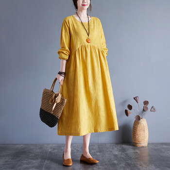 sepstp素订女装官方素素气质休闲棉麻连衣裙女2023春秋新款中年黄色m