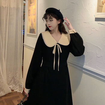 【保暖显瘦】【女装新款】秋季灯芯绒复古娃娃领蝴蝶结裙子2021年新款韩版腰带文艺连衣裙女【有运费险】 酒红色 L