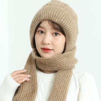 商场同款新款风雪毛线帽子围巾一体加绒加厚保暖中老年妈妈帽子女冬季
