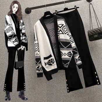 索宛亦（SUOWANYI）大码女装秋季套装女2022新款韩版胖mm宽松针织开衫连衣裙两件套潮 开衫+黑色裤子 4XL 【建议180斤-200斤】