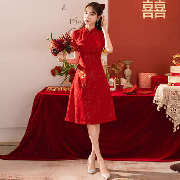 yinfan红色旗袍新款女2024年轻款新娘敬酒服复古连衣裙酒红色s