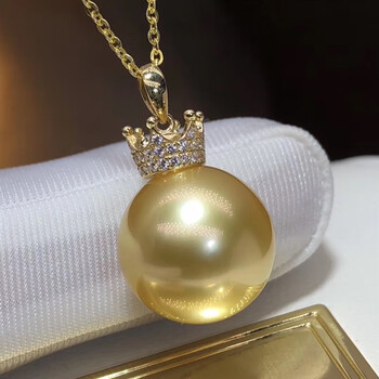 金珍珠吊坠正圆大颗粒浓金珍珠项链925银镀色金皇冠锁 圆珠吊坠14mm