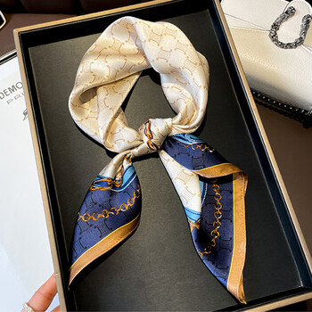 爱马仕真丝小方巾丝巾女百搭春秋夏季薄款搭衬衫丝 字母链条蓝色