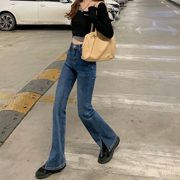 格洛基复古怀旧蓝色开叉微喇牛仔裤女高腰修身显瘦弹力加长拖地喇叭