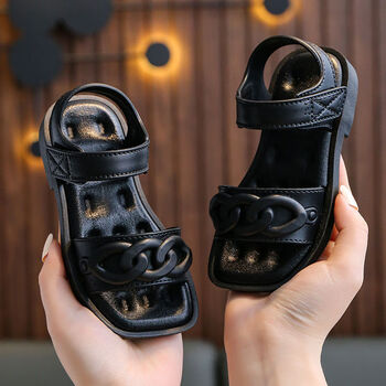 女童凉鞋夏时尚学生韩版软底小公主鞋宝宝中小童儿童沙滩鞋黑色25码内