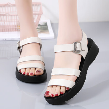 苏奈雪新款女鞋松糕厚底凉鞋女夏季眞皮耐磨防滑学生沙滩鞋米色40