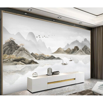 仁聚益壁布水墨意境山水画8d沙发电视背景墙壁纸新中式壁画风景客厅