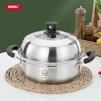 宏利蒸锅304不锈钢蒸锅加厚蒸锅家用一层两用电磁炉燃气通用28cm复底