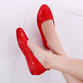 红鞋婚鞋女红色平底圆头新娘鞋中式孕妇舒适刺绣结婚鞋敬酒秀禾鞋亮片
