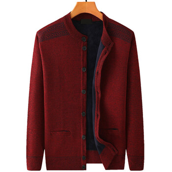 针织男老头中老年男士毛衣爸爸秋冬季加绒加厚外套爷爷圆领保红色l