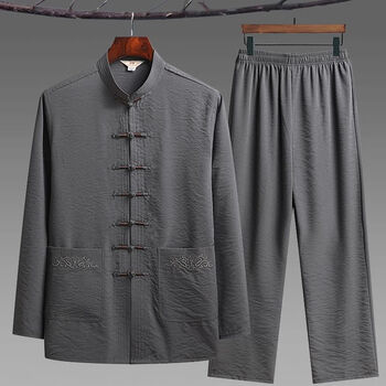 楠语秋（NANYUQIU）中老年人唐装男长袖套装爸爸春装中式太极服爷爷装衣服 深灰【套装】 41 (建议140-160斤)