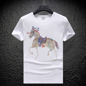 蒙口欧洲站2023新款3d战马重磅烫钻短袖t恤半袖圆领潮牌上衣大码 战马