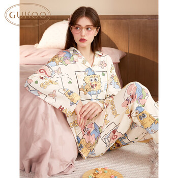 果壳秋季套装女春秋款可爱海绵宝宝卡通满印女士家居套装 XL