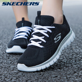 斯凯奇（Skechers）女鞋跑步鞋春夏季新款透气网布跑鞋女士轻便休闲鞋绑带运动鞋子女 黑色/白（偏小半码） 37