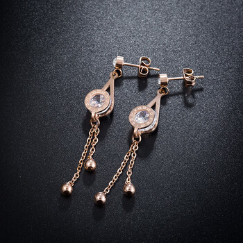 plez高档新款钛钢耳钉女简约水滴锆石流苏长款耳环流行小饰品玫瑰金