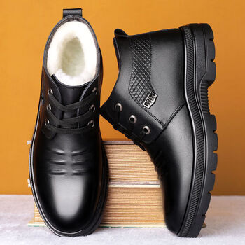 大棉鞋男冬季保暖加绒男士高帮皮鞋中老年爸爸真皮棉靴 黑色-牛皮真皮