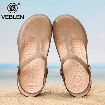 Veblen洞洞鞋女夏季凉鞋防滑软底果冻鞋护士包头厚底外穿拖鞋海边沙滩鞋 茶金 36