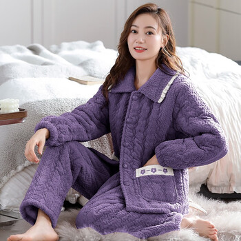 馨爱百年夹棉睡衣女冬季三层加厚保暖休闲中老年妈妈棉服加棉家居服可