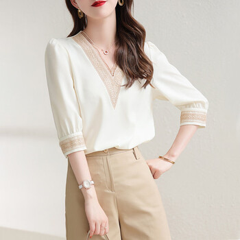 拼接衬衫女v字领法式撞色v领雪纺夏蕾丝宽松中袖打底小衫上衣白色s