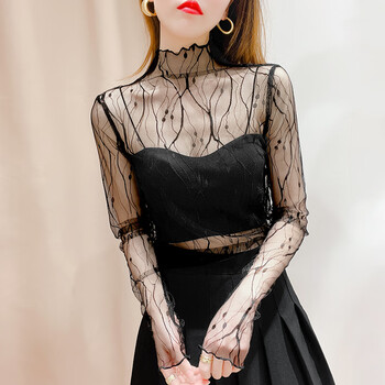 新款女士气质网纱打底衫女透明春秋季网沙衣上衣黑色女纱衣内搭蕾丝