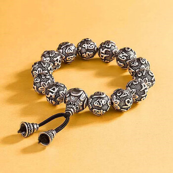 lenayan藏银佛珠六字真言禅心经男女士手链复古貔貅八卦金钱手串 黄色