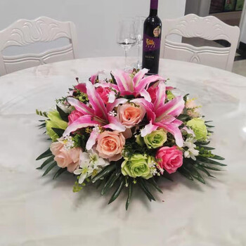 仿真花酒店餐桌假花塑料花绢花装饰花转盘圆形桌花饭店餐桌中间摆件