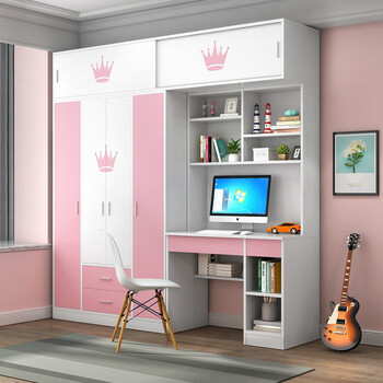 灵巧 儿童房衣柜带书桌一体女童储物现柜代简约家用卧室儿童家具挂