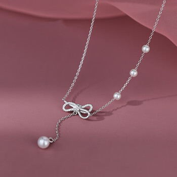 瑞梦莱时尚蝴蝶结珍珠项链女夏小众设计感轻奢流苏锁骨链颈链潮结珍珠