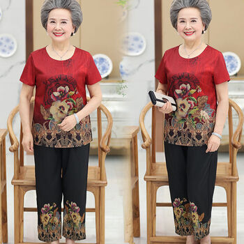 GBGR老年人夏装女奶奶装套装短袖60-70岁中老年人衣服妈妈夏装两件套 红色 3XL 【125-140斤】
