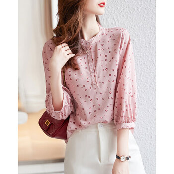 德玛纳（dme）波点印花2022春新立领灯笼袖衬衣七分袖波点印花衬衫女 薄纱粉 M 