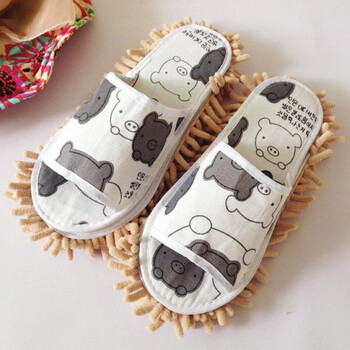 春夏款竹席雪尼尔拖鞋懒人擦地拖鞋拖地拖鞋可拆洗懒人拖鞋帆布黑白猪