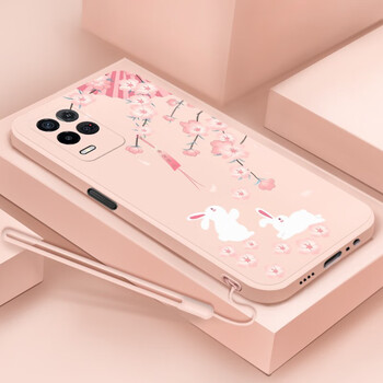 倍思力 OPPO K9x手机壳PGCM10保护套男女款全包防摔硅胶磨砂卡通软壳 樱花粉-玉兔呈祥+手绳 OPPO K9x