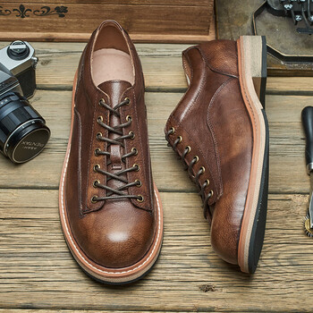 羚步真皮英伦马丁鞋男低帮手工大头休闲皮鞋男春季新款阿美咔叽复古