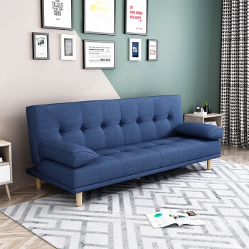 京居 沙发床 简易折叠两用沙发多功能双人位皮革沙发椅办公室小沙发 蓝色麻布