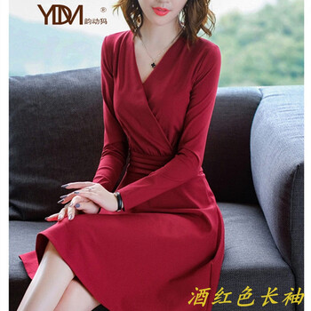 韵动犸春秋新款红色V领连衣裙女秋冬长袖中款修身显瘦礼服裙子品牌女装 酒红色【长袖】 XXL