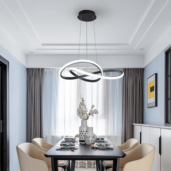 单头环形造型装饰灯网红饭厅餐桌灯led吊灯餐厅灯具黑色50cm三色光