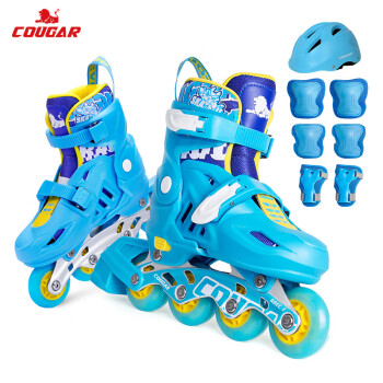美洲狮（COUGAR） 闪光轮滑鞋儿童套装可调溜冰鞋 蓝色L码