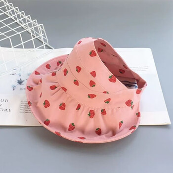 帽檐空顶帽中大童学生夏天戴的帽子韩版水果图案遮阳帽草莓粉色大帽檐